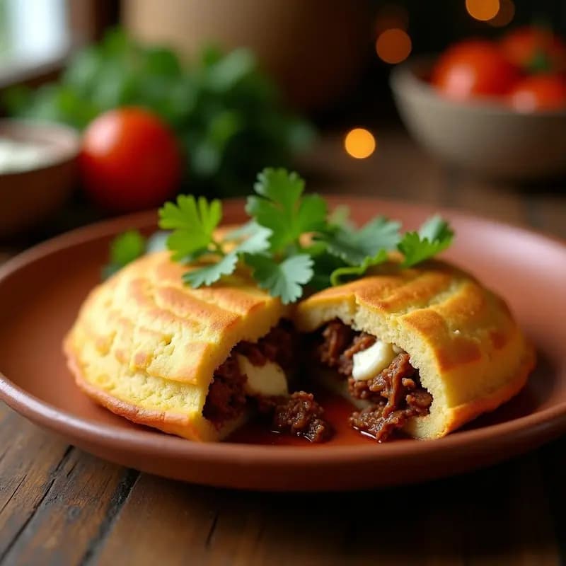 Arepas doradas de ñame abiertas por la mitad, rellenas de carne desmechada en salsa criolla y queso de cabra gratinado, decoradas con cilantro fresco sobre un plato de madera rústico.