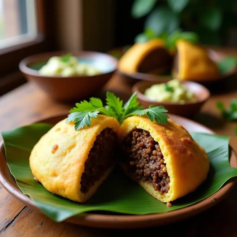 Arepas doradas de ñame abiertas por la mitad, rellenas de carne mechada vegetal oscura y jugosa, decoradas con cilantro fresco. Plato servido sobre hojas de plátano con fondo rústico de madera, destacando la textura crujiente de las arepas y el relleno sabroso. Receta venezolana vegana.