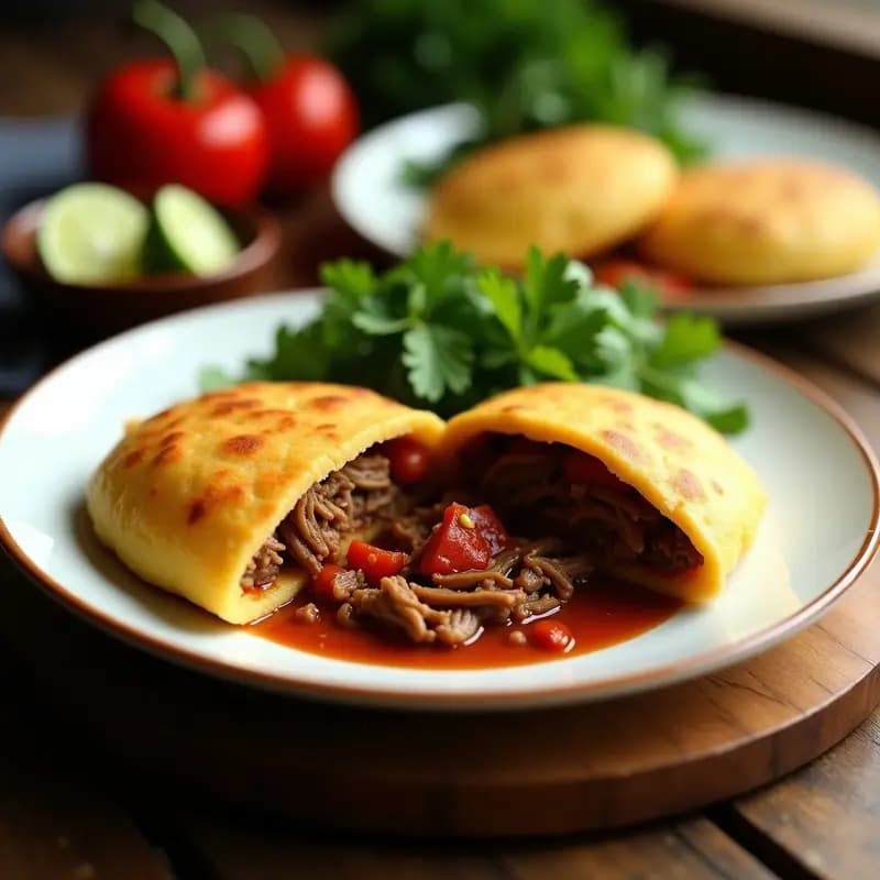 Arepas doradas de ñame abiertas por la mitad, rellenas de carne de res desmechada jugosa y aromática, con cilantro fresco espolvoreado. Plato típico caribeño sin gluten sobre fondo rústico de madera.