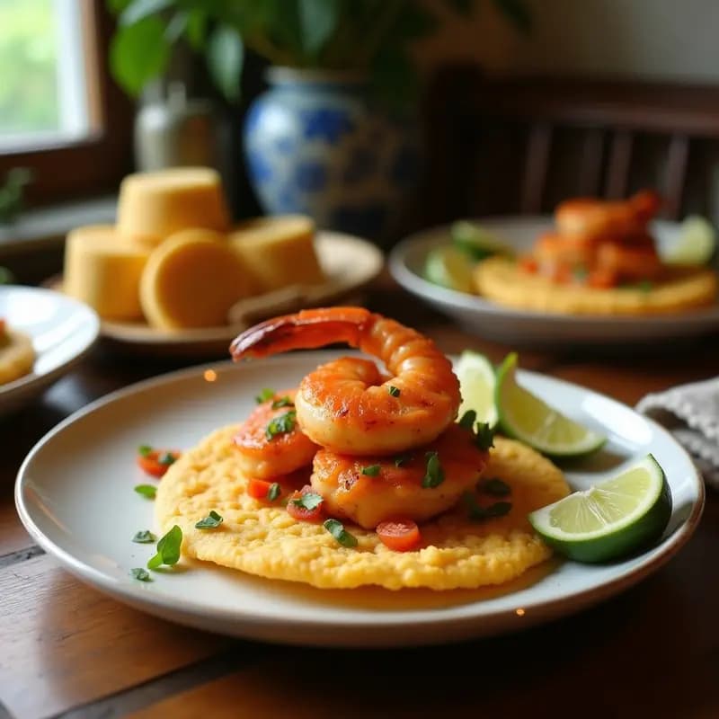 Arepas doradas y crujientes de ñame y coco rallado rellenas de camarones jugosos al ají amarillo, servidas en un plato de madera con rodajas de limón verde y hojas de cilantro fresco. Receta de fusión caribeña en airfryer.