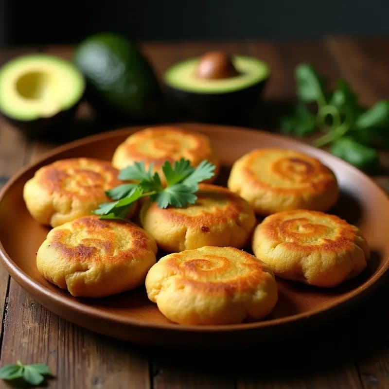 Arepas doradas de ñame y espinacas keto sobre un plato de madera rústico, con textura crujiente por fuera y tierna por dentro. Acompañadas de rodajas de aguacate y hojas de cilantro fresco, receta colombiana sin harina de maíz.