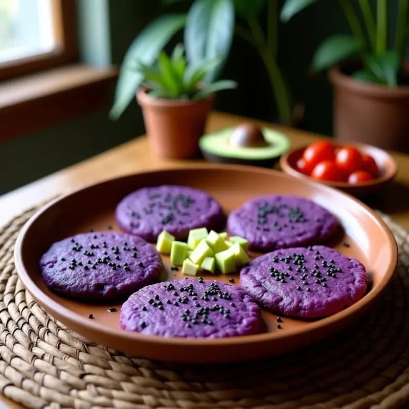 Arepas doradas de ñame y espirulina con textura esponjosa, abiertas y rellenas de crema de aguacate verde y tomates cherry rojos sobre un plato de barro. Desayuno vegano y alto en nutrientes, servido con semillas de sésamo espolvoreadas.