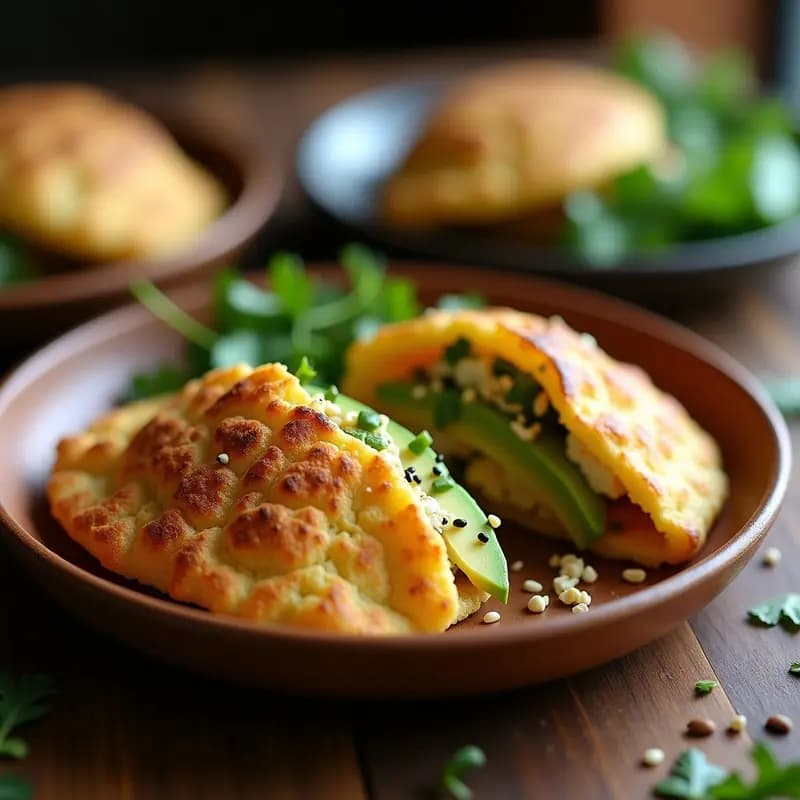 Arepas doradas y crujientes de ñame rellenas de queso fogaza desmenuzado y láminas de aguacate, decoradas con semillas de sésamo y cilantro fresco sobre un plato de madera rústico.