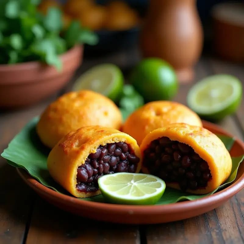 Arepas doradas de ñame rellenas de frijoles negros especiados, servidas en un plato de barro con hojas de plátano y rodajas de limón, receta caribeña vegana y sin harina.
