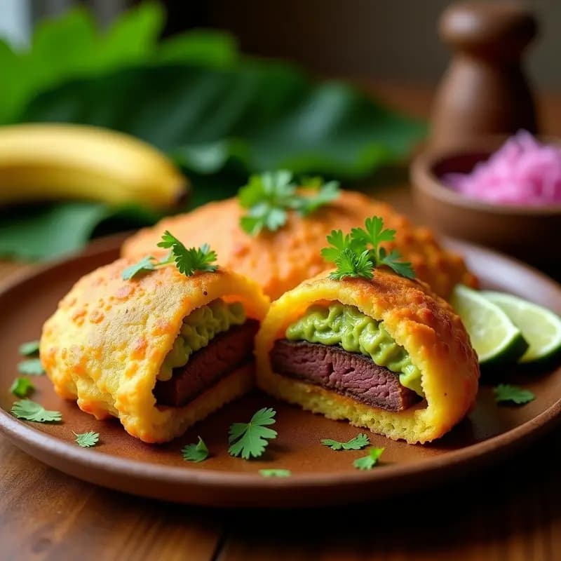 Arepas de ñame doradas y crujientes rellenas de guacamole cremoso con trozos de bife de seitán marinado, servidas en un plato de madera con rodajas de lima y cilantro fresco. Receta caribeña sin gluten.