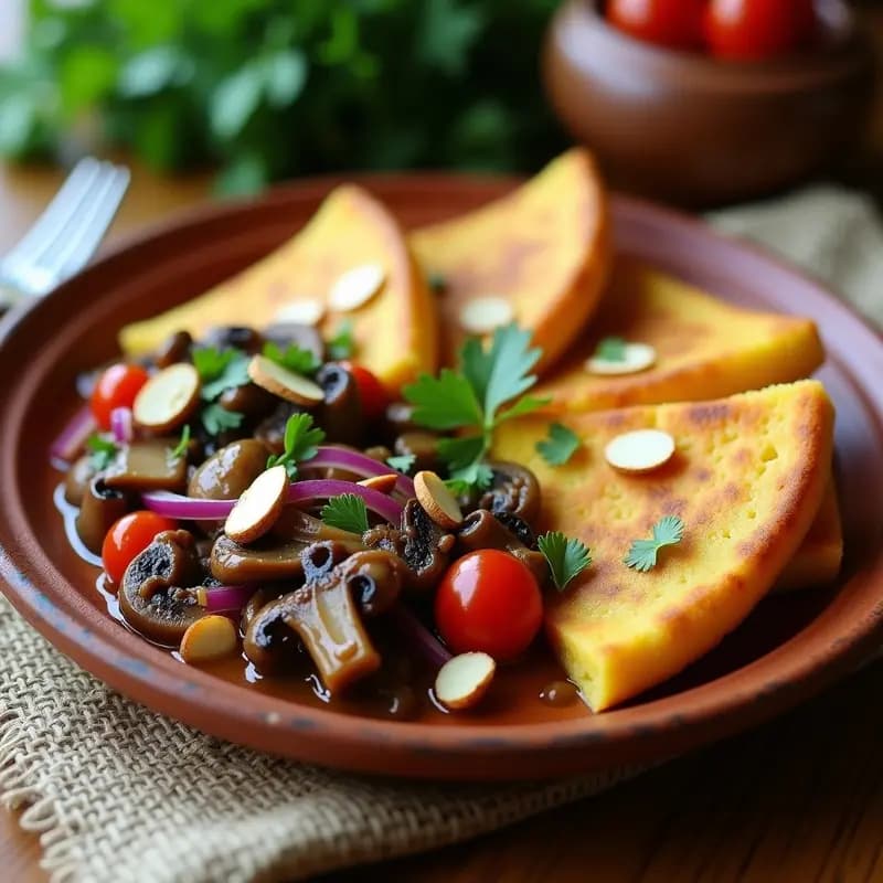 Arepas doradas de ñame rellenas de guiso de champiñones portobello y cebolla caramelizada, servidas en un plato de barro con perejil fresco y almendras fileteadas, receta colombiana sin gluten.