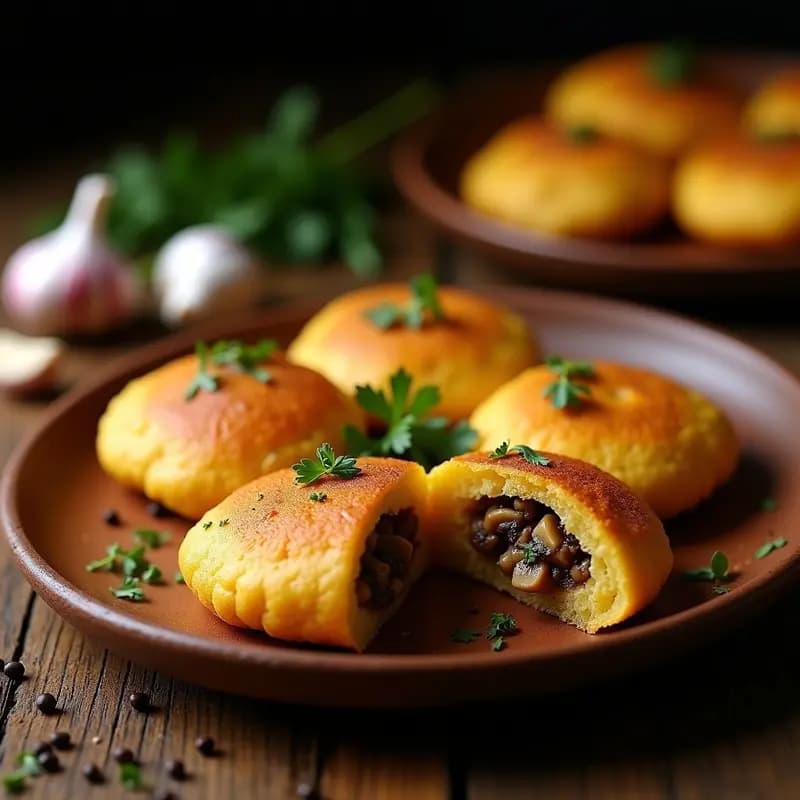 Arepas doradas de ñame abiertas por la mitad, rellenas de hongos ostra al ajillo con trozos de ajo caramelizado y perejil fresco. Plato caribeño sin gluten servido en un plato de barro rústico.