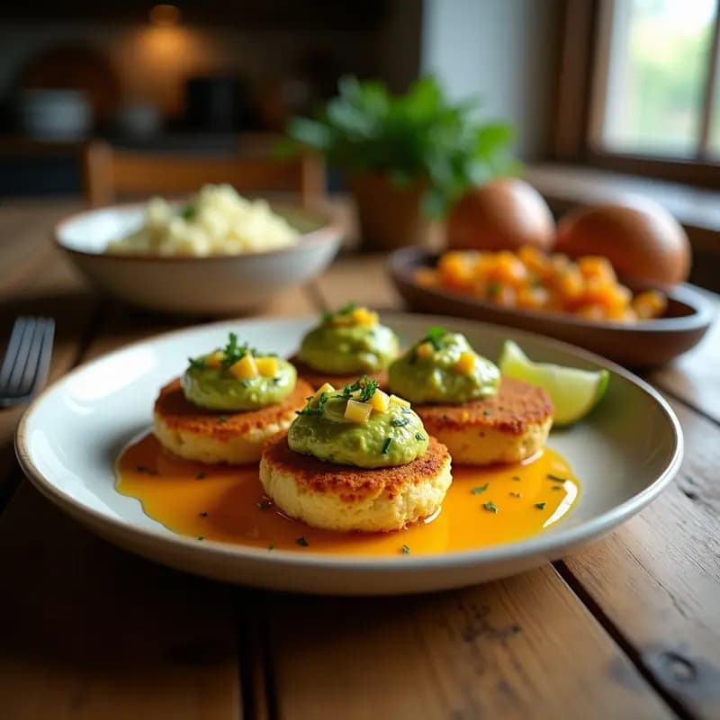 Plato colorido con arepas de ñame morado abiertas, rellenas de guacamole cremoso verde y salsa de mango habanero naranja, servidas sobre una mesa de madera rústica con hojas de cilantro como decoración.