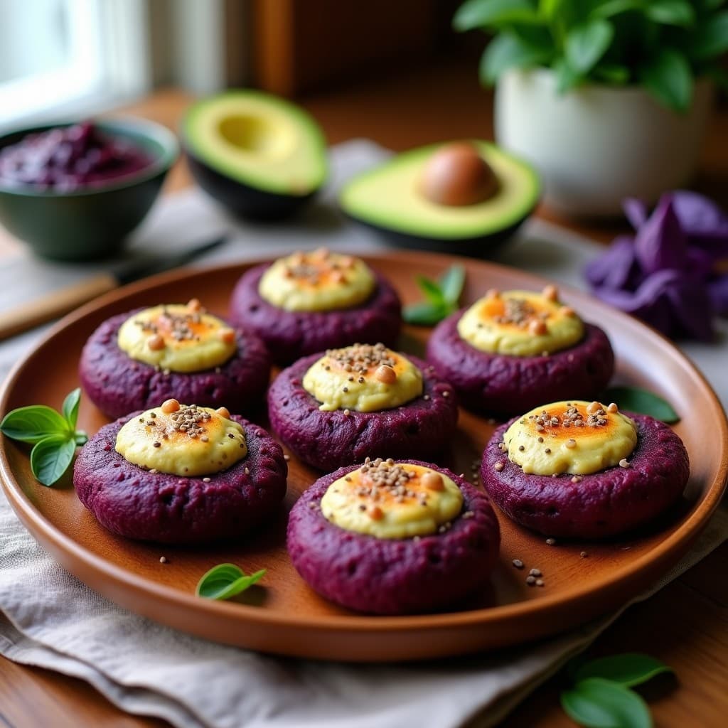 Plato con arepas de ñame morado rellenas de pesto de albahaca morada, decoradas con semillas de chía y acompañadas de rodajas de aguacate, sobre un mantel rústico de lino.