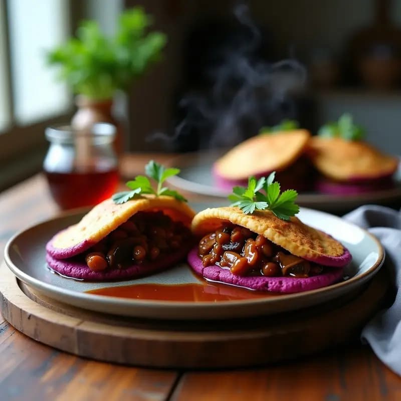 Plato con arepas de ñame morado abiertas, rellenas de guiso oscuro de pull jack y pimientos rojos asados, decoradas con cilantro fresco. Textura esponjosa por dentro y dorada por fuera, sobre fondo rústico de madera.