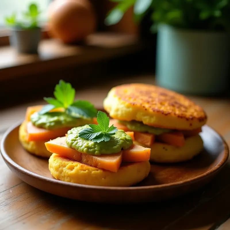 Arepas doradas de ñame abiertas por la mitad, rellenas de pescado ahumado en tiras, guasacaca cremosa verde y cebolla morada macerada, servidas en plato de barro con fondo rústico. Receta venezolana sin gluten.