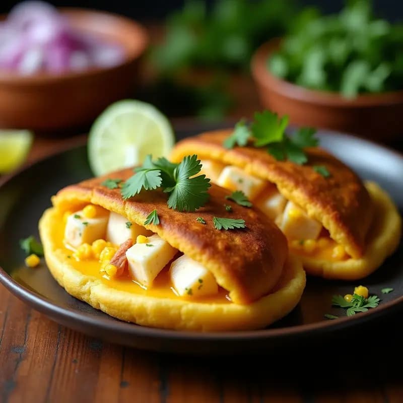 Arepas doradas de ñame abiertas por la mitad, rellenas de pescado blanco desmenuzado en salsa amarilla de ají amarillo, servidas en plato de barro con cilantro fresco y rodajas de limón al lado. Receta colombiana sin harina.