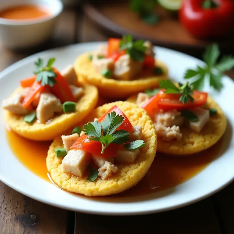 Arepas doradas de ñame rellenas de trozos de pescado en escabeche con cebolla morada, pimiento rojo y eneldo fresco, servidas en un plato de cerámica blanca con fondo rústico.