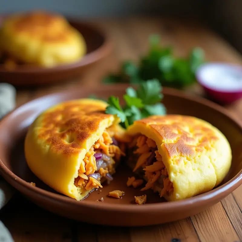 Arepas doradas de ñame abiertas por la mitad, rellenas de pollo desmechado jugoso con ají amarillo, servidas en un plato rústico de barro con hojas de cilantro fresco y rodajas de cebolla morada al lado.
