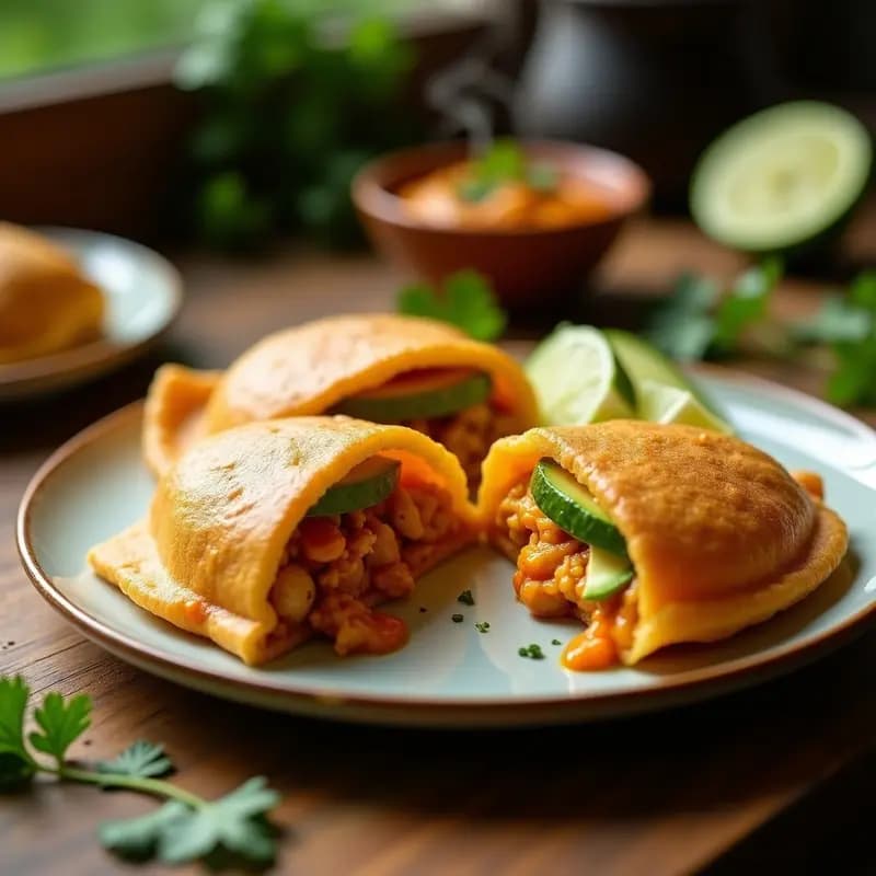 Plato con arepas de ñame doradas y abiertas, rellenas de pollo al curry dorado con trozos de aguacate cremoso y cilantro fresco, sobre fondo rústico de madera con limón y cebolla morada como decoración.