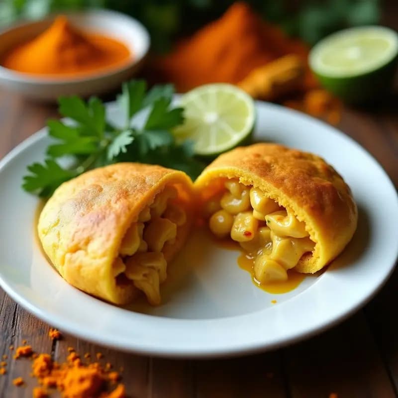 Plato blanco con dos arepas doradas de ñame abiertas, rellenas de pollo al curry con leche de coco, decoradas con cilantro fresco y rodajas de limón. Fondo rústico con especias esparcidas.