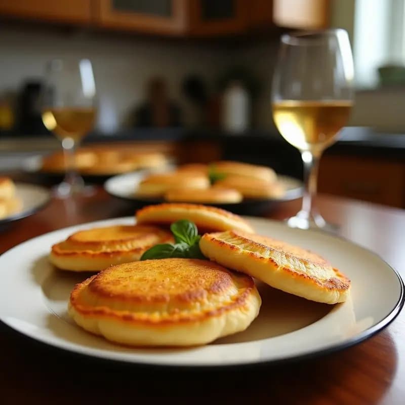 Arepas doradas de ñame abiertas por la mitad, rellenas de pollo desmenuzado especiado con cebolla morada, pimiento rojo y cilantro fresco, sobre un plato de madera rústico con fondo borroso.