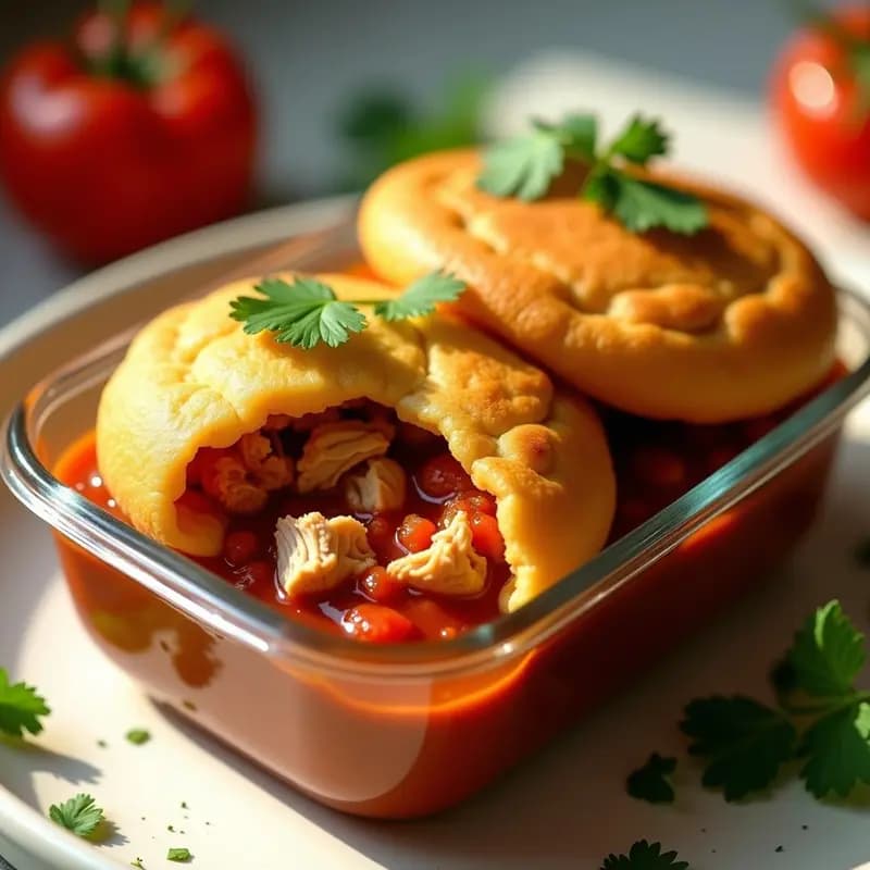 Arepas de ñame doradas y crujientes rellenas de pollo guisado en salsa de tomate, servidas en un tupper transparente con cilantro fresco, receta colombiana sin gluten.
