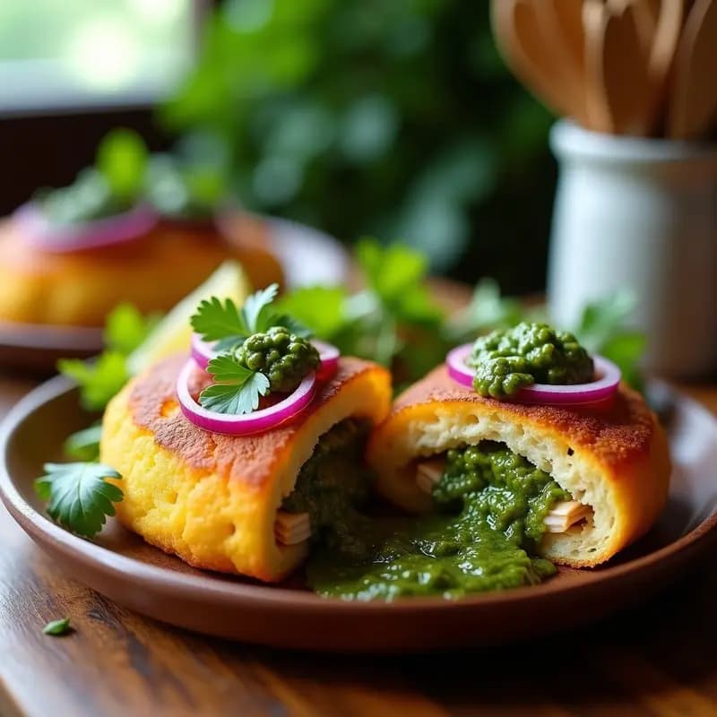 Arepas doradas de ñame keto rellenas de pulled chicken al chimichurri, servidas en plato de madera rústico con cebolla morada y hierbas frescas, receta colombiana en airfryer.
