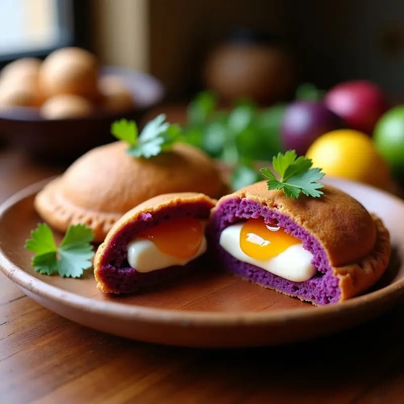 Arepas doradas de ñame morado rellenas de queso de anacardos cremoso y mermelada de guayaba, servidas en un plato de madera rústico con hojas de culantro fresco y un fondo borroso de cocina tradicional venezolana.