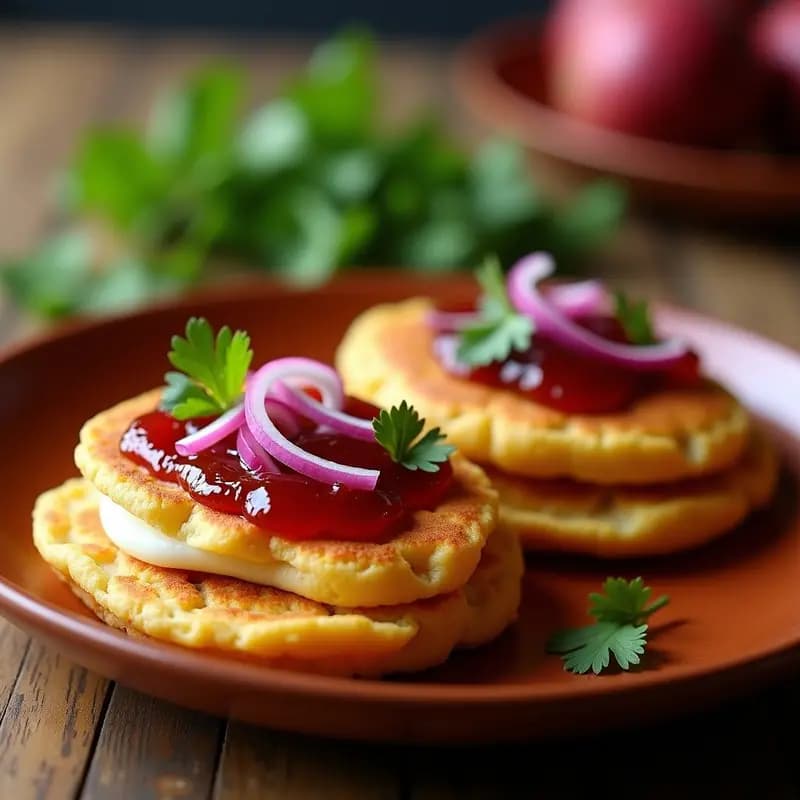 Arepas doradas y crujientes de ñame rellenas de queso de búfala fundido, servidas abiertas con mermelada de guayaba y cebolla morada, decoradas con cilantro fresco sobre un plato de barro rústico.