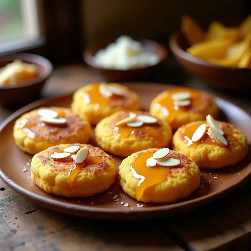 Arepas doradas de ñame y queso de cabra con miel de guayaba brillando sobre su superficie, espolvoreadas con almendras fileteadas tostadas. Plato rústico de madera con fondo borroso de cocina tradicional.