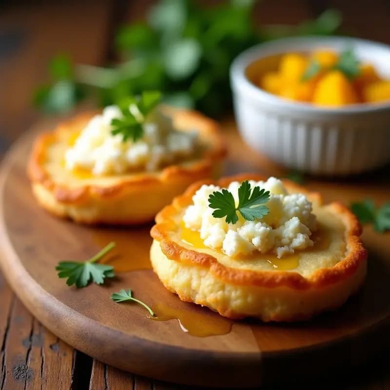 Arepas doradas de ñame con queso de cabra derretido sobre una bandeja de madera rústica, acompañadas de un bol pequeño con salsa de mango fresca y cilantro. Plato típico venezolano, crujiente por fuera y cremoso por dentro.
