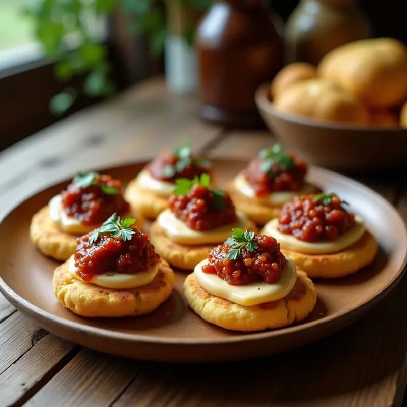 Arepas doradas de ñame rellenas de queso de castaña cremoso y cubiertas con hogao colombiano, servidas en un plato de madera rústico con cilantro fresco.