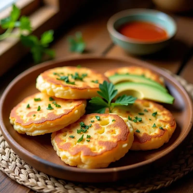 Arepas doradas y crujientes de ñame y queso costeño en airfryer, servidas en plato de madera con aguacate y cilantro, desayuno colombiano sin gluten.