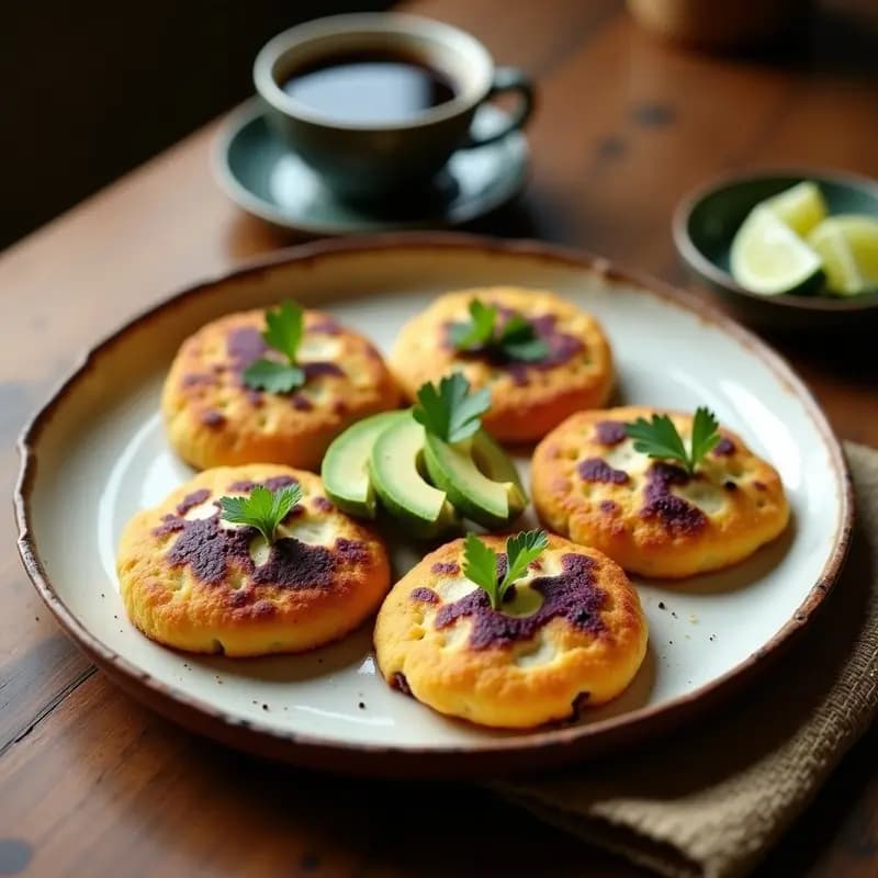 Arepas doradas de ñame morado y queso de soja, con textura crujiente por fuera y tierna por dentro, servidas en un plato de barro con rodajas de aguacate y hojas de cilantro, desayuno colombiano vegano y keto.