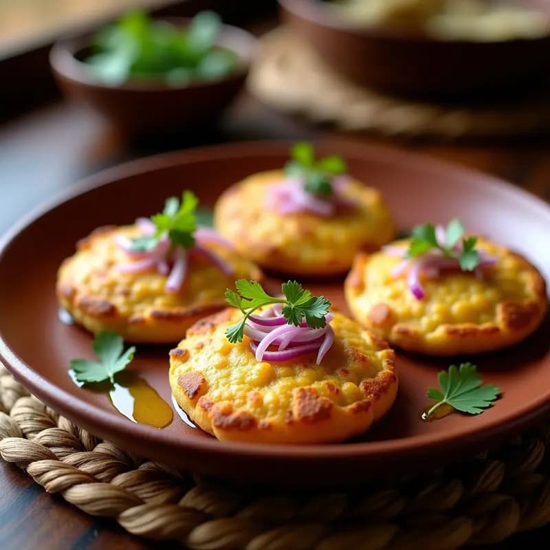 Arepas doradas y crujientes de ñame rellenas de queso vegano cremoso, servidas en un plato de barro con aguacate y tomate picado al lado. Receta venezolana sin gluten cocinada en plancha.