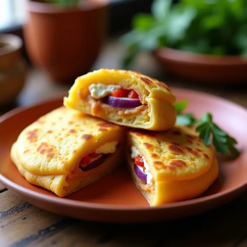 Arepas doradas de ñame rellenas de queso vegano cremoso, servidas en plato de barro con hierbas frescas y rodajas de aguacate, receta colombiana sin maíz y alta en fibra.