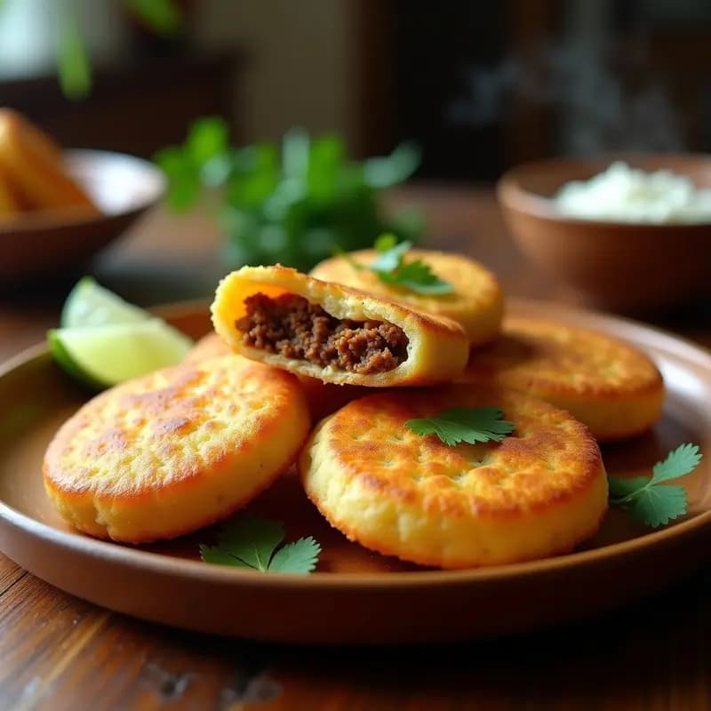 Arepas doradas y crujientes de ñame rellenas de caritas de cerdo desmenuzadas, servidas en un plato rústico con cilantro fresco y rodajas de limón, receta colombiana en airfryer.