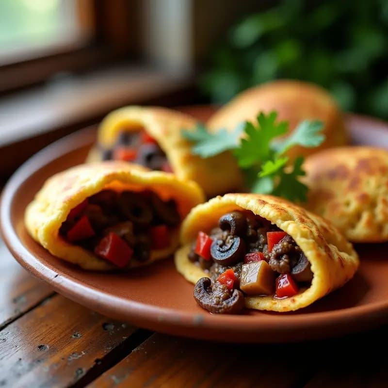 Arepas doradas de ñame abiertas por la mitad, rellenas de un guiso oscuro de hongos portobello, cebolla y pimiento, servidas en un plato de barro con cilantro fresco. Receta venezolana sin gluten en airfryer.