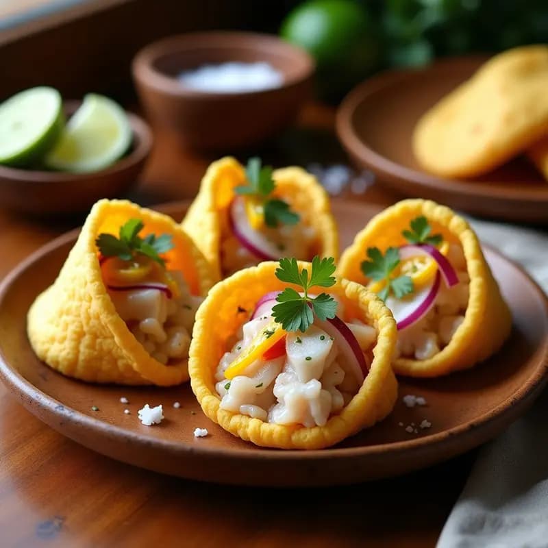 Arepas doradas de ñame rellenas de tiradito de corvina fresco, con cebolla morada y cilantro, servidas en plato de madera rústico. Receta costera colombiana keto.