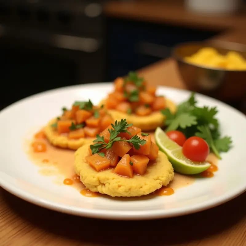 Arepas doradas de ñame abiertas por la mitad, rellenas de tiradito de corazón de palma marinado en limón y algas nori, acompañadas de láminas de aguacate y cebolla morada. Plato fusion vegano y sin gluten con decoración de cilantro fresco.