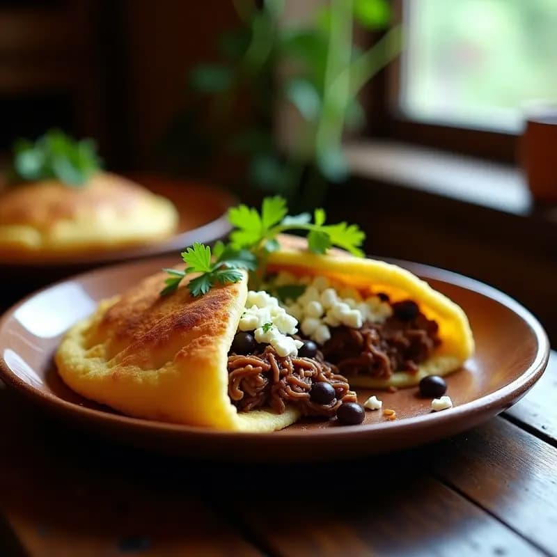 Arepas doradas y esponjosas abiertas por la mitad, rellenas de carne mechada desmenuzada, frijoles negros brillantes, rodajas de plátano maduro caramelizado y queso blanco desmenuzado. Plato típico de cocina venezolana tradicional servido en un plato de barro rústico.