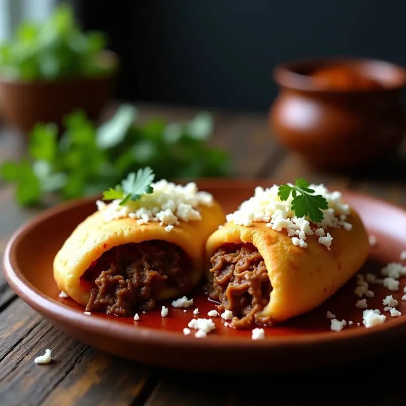 Arepas doradas y esponjosas rellenas de pabello peinado, carne desmechada en hebras finas con caldo especiado, servidas en un plato de barro rústico con queso blanco desmenuzado encina. Receta tradicional venezolana.