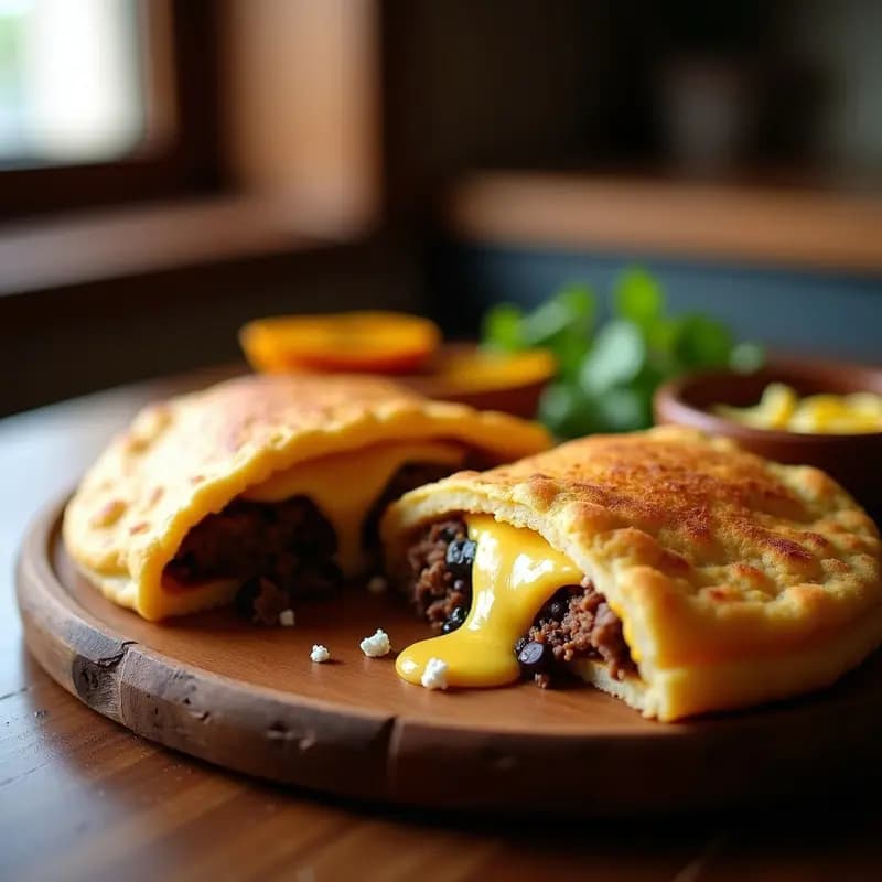 Arepas doradas y crujientes rellenas de pabellón venezolano con carne mechada, frijoles negros y doble queso derretido, servidas con rodajas de plátano maduro frito. Receta tradicional en airfryer.