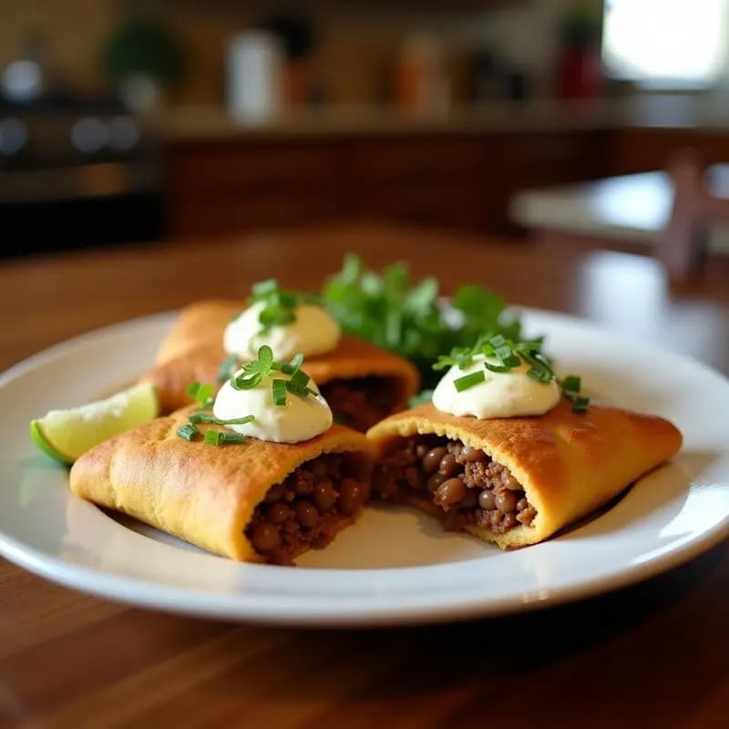 Arepas doradas y esponjosas rellenas de pabellón criollo: carne mechada jugosa, frijoles negros cremosos y queso blanco desmenuzado, acompañadas de tajadas de plátano maduro frito. Plato tradicional venezolano servido en fuente rústica de barro.
