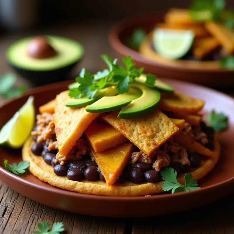 Arepas doradas y crujientes rellenas de pabellón criollo vegano con jackfruit desmenuzado, frijoles negros cremosos, rodajas de plátano maduro y cubos de aguacate fresco, decoradas con cilantro y acompañadas de limón, sobre un plato de barro rústico.