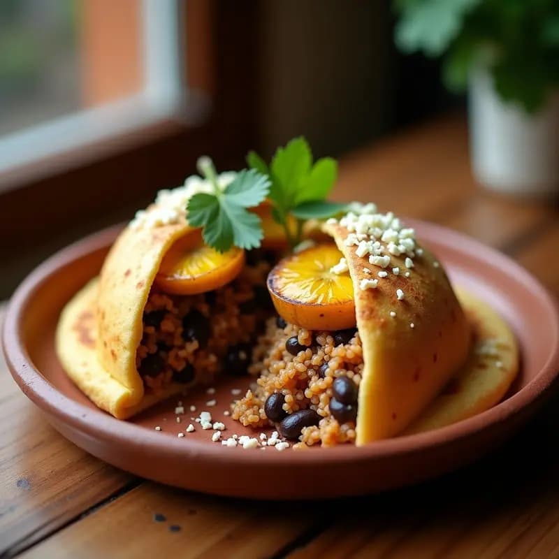 Arepas doradas abiertas por la mitad rellenas de pabellové vegano: jackfruit desmenuzado en salsa oscura, arroz blanco, frijoles negros y rodajas de plátano maduro asado, sobre un plato de madera con hierbas frescas.
