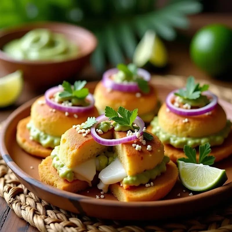 Arepas doradas y crujientes rellenas de filetes de pablito pescado, cebolla morada y salsa verde vibrante, servidas en un plato de madera rústico con fondo de cocina costera colombiana.