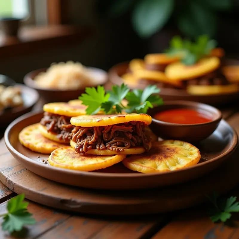 Arepas doradas de plátano macho abiertas con relleno de carimañola de carne especiada, servidas en un plato rústico de barro con queso blanco desmenuzado y cilantro fresco, receta colombiana fusion en airfryer.