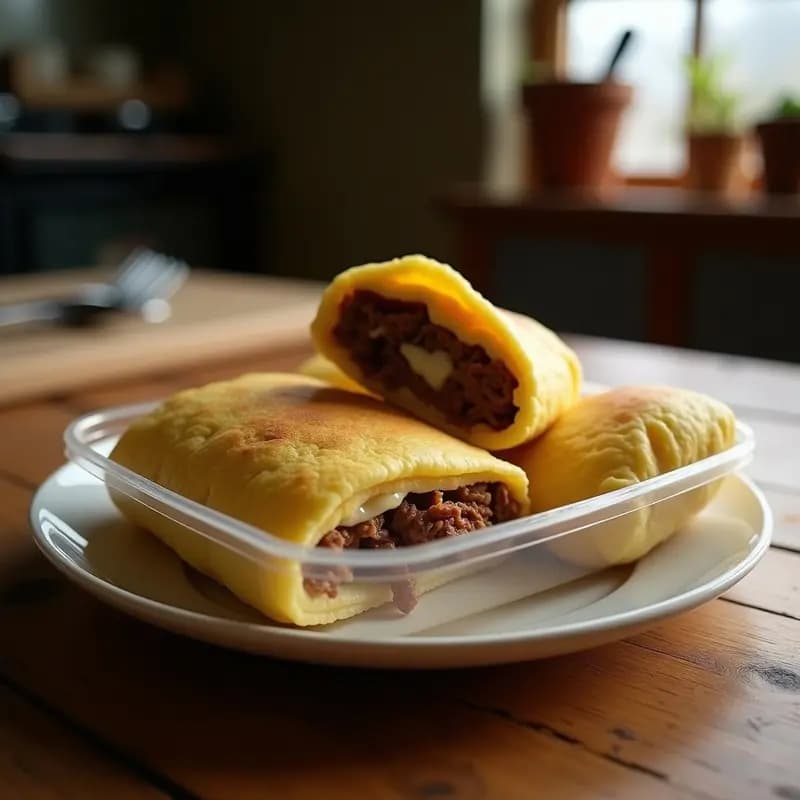 Arepas doradas de plátano macho rellenas de carne jugosa y queso derretido, servidas en un tupper de vidrio con tapa, lista para llevar. Receta venezolana práctica y nutritiva.
