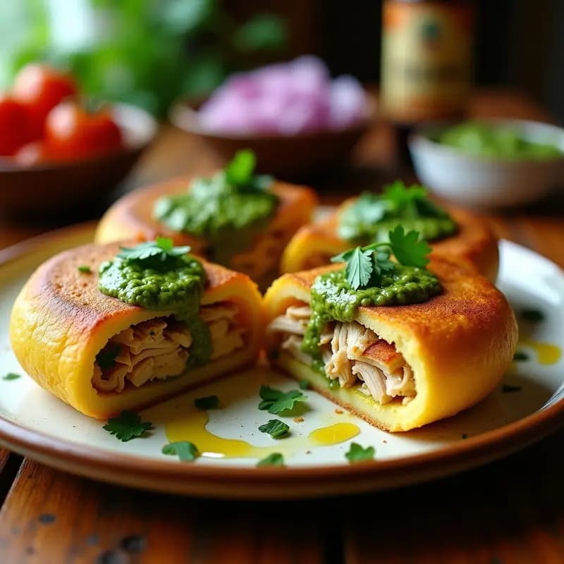 Arepas doradas de plátano macho abiertas por la mitad, rellenas de pollo desmenuzado bañado en chimichurri verde brillante, servidas en un plato de barro con rodajas de cebolla morada y un chorrito de aceite de oliva. Receta colombiana sin gluten en airfryer.