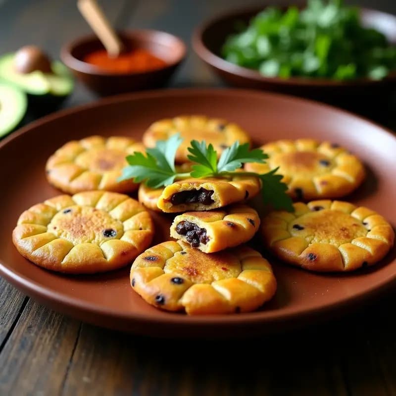Arepas doradas de plátano macho y frijoles negros servidas en plato de barro, con cilantro fresco y rodajas de aguacate, receta colombiana sin harina en sartén.
