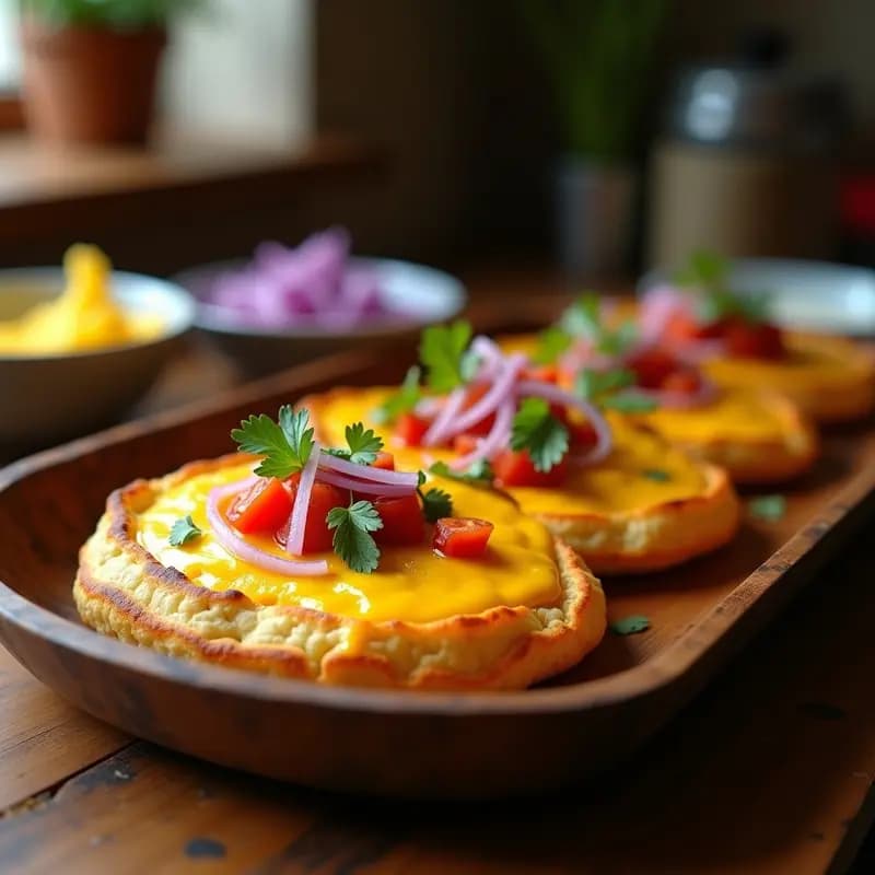 Arepas doradas de plátano macho al horno rellenas de queso vegano de mandioca cremoso, decoradas con cebolla morada, pimentón rojo y perejil fresco sobre una bandeja rústica de madera.