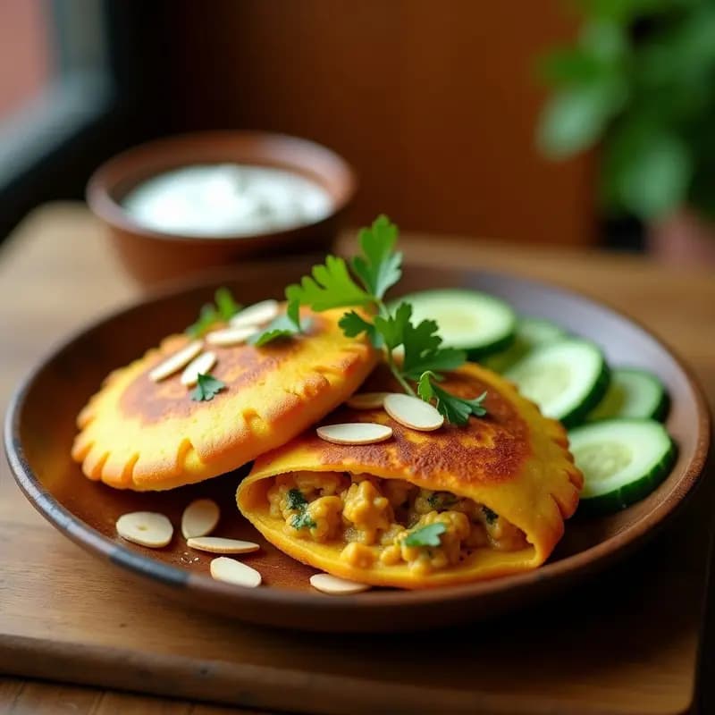 Arepas doradas de plátano macho abiertas por la mitad, rellenas de pollo al curry cremoso con leche de coco, decoradas con cilantro fresco y almendras fileteadas, servidas en plato de madera rústico con fondo desenfocado.