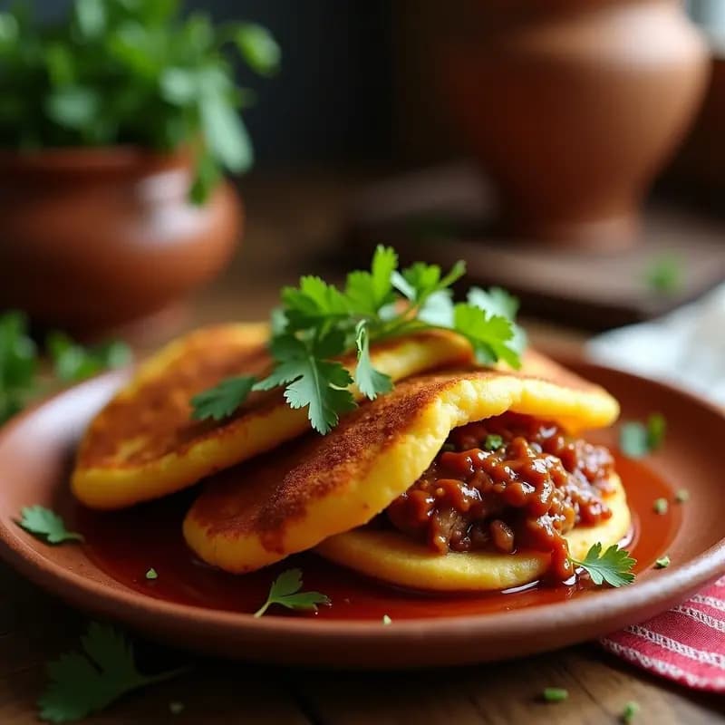 Arepas doradas de plátano macho abiertas por la mitad, rellenas de pulled pork jugoso y espolvoreadas con cilantro fresco, servidas en un plato de barro con fondo rústico, receta colombiana en olla lenta.